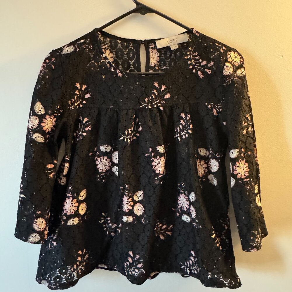 Loft Ann Taylor - Eyelet Sheer Lace Floral Print Crewneck Blouse